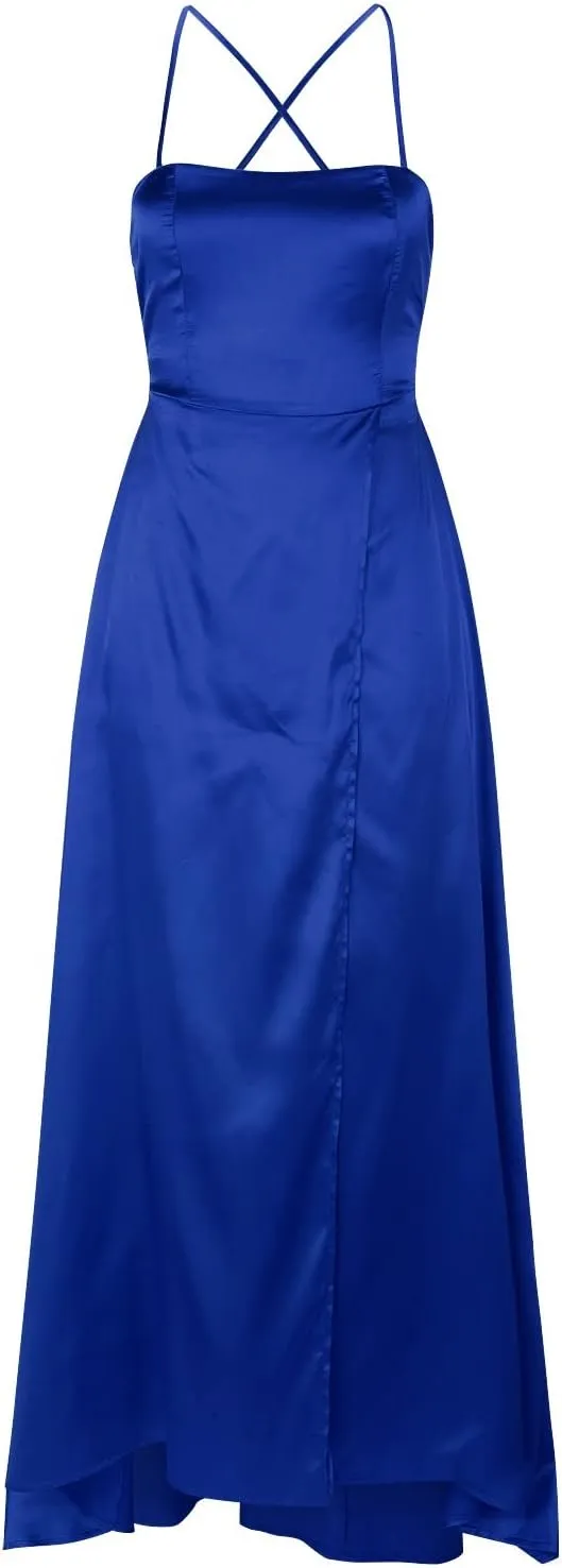 Women's Satin Prom Dresses with Slit Strapless Cowl Neck Corset Formal Dresses A Line Ball Gowns with Pockets