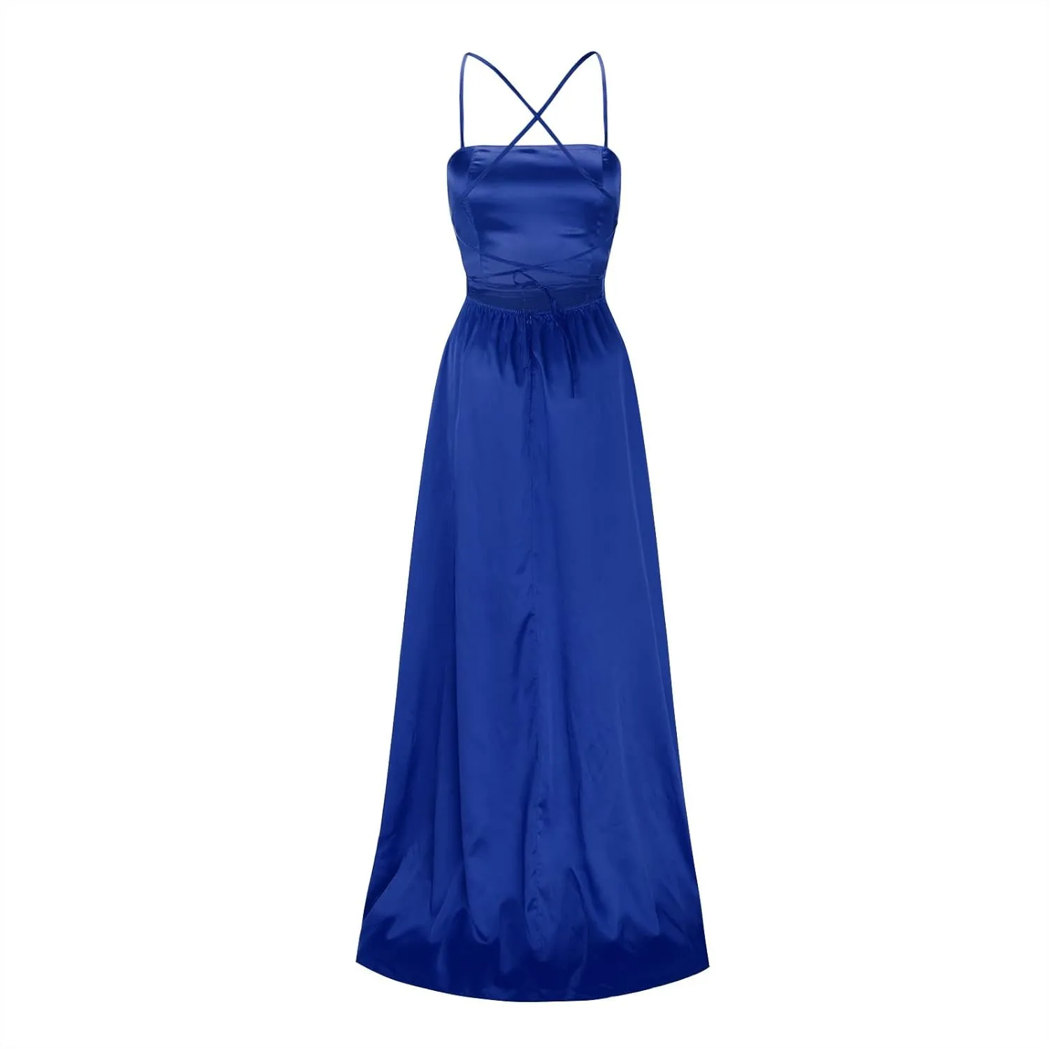 Women's Satin Prom Dresses with Slit Strapless Cowl Neck Corset Formal Dresses A Line Ball Gowns with Pockets