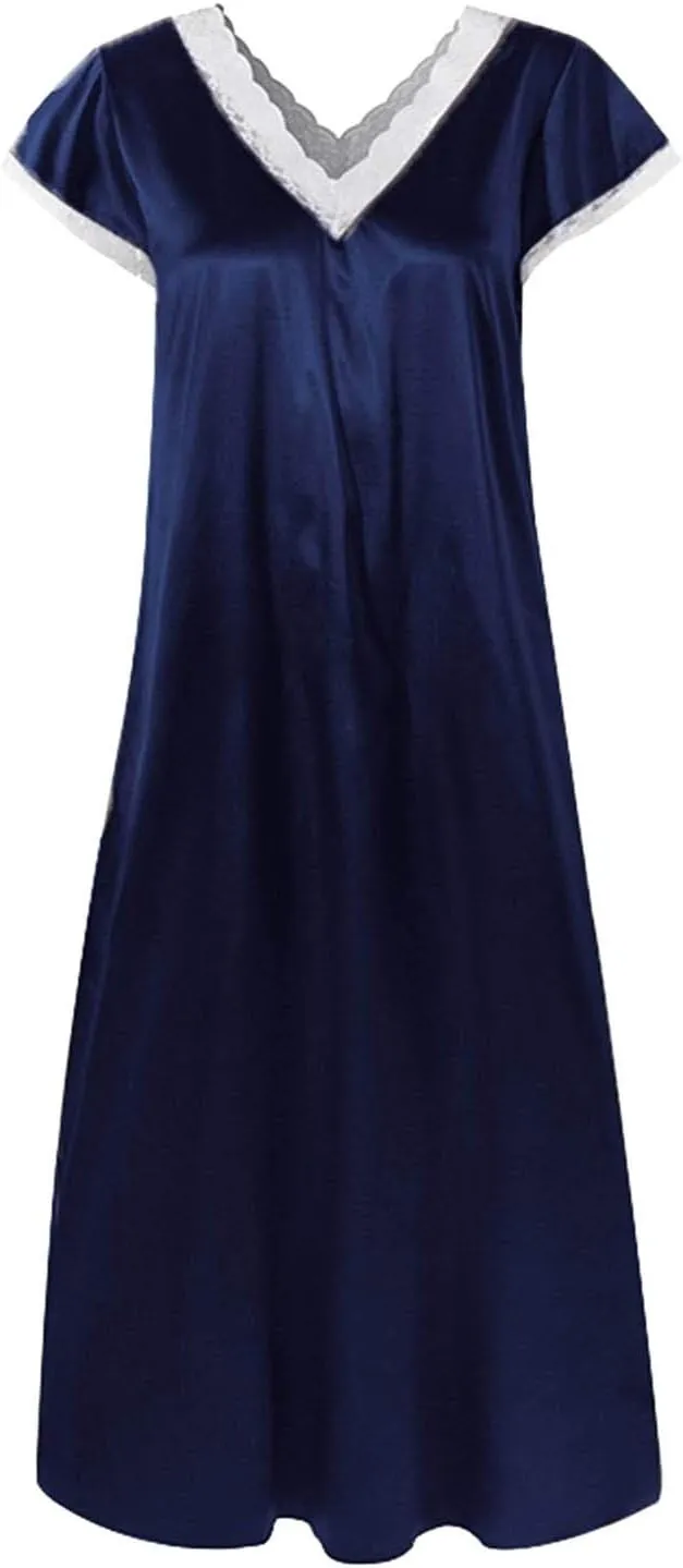 Womens Satin Silk Midi Dresses Short Sleeve Lace V Neck Pajamas Long Dress Nightgowns Sleepwear Summer Nightgown
