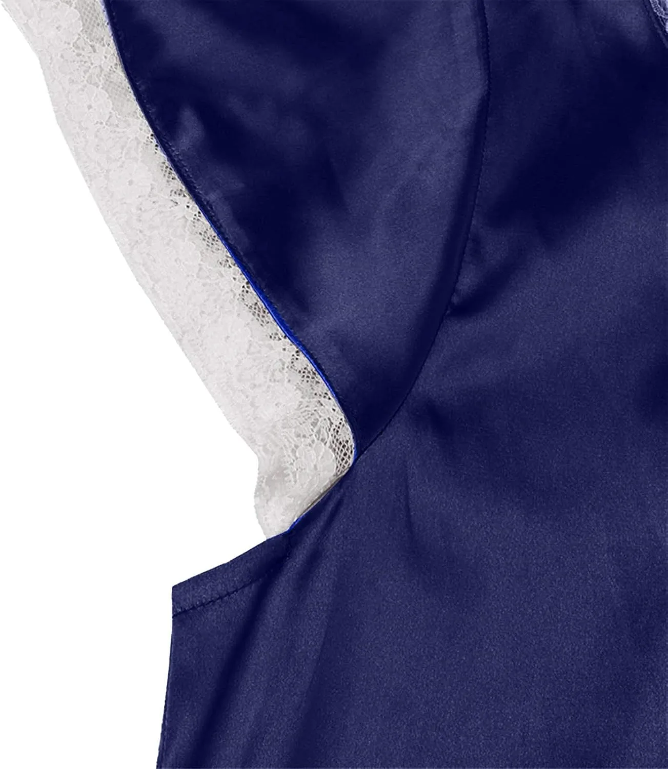 Womens Satin Silk Midi Dresses Short Sleeve Lace V Neck Pajamas Long Dress Nightgowns Sleepwear Summer Nightgown
