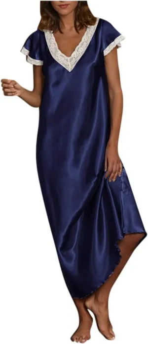 Womens Satin Silk Midi Dresses Short Sleeve Lace V Neck Pajamas Long Dress Nightgowns Sleepwear Summer Nightgown