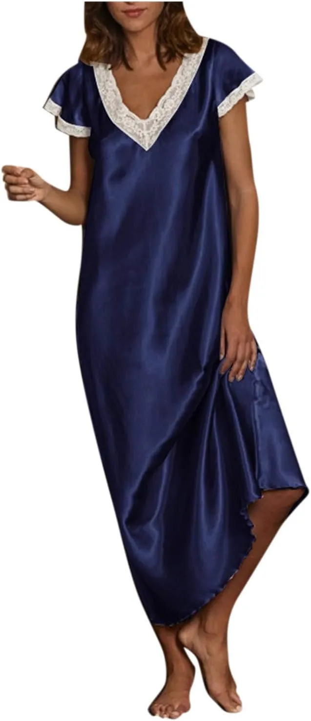 Womens Satin Silk Midi Dresses Short Sleeve Lace V Neck Pajamas Long Dress Nightgowns Sleepwear Summer Nightgown