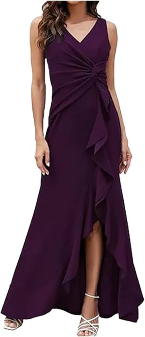 Womens Sexy Ruffle V Neck Ruched Formal Wedding Guest Prom Maxi Dress 2025 Irregular Cocktail High Split Evening Gown