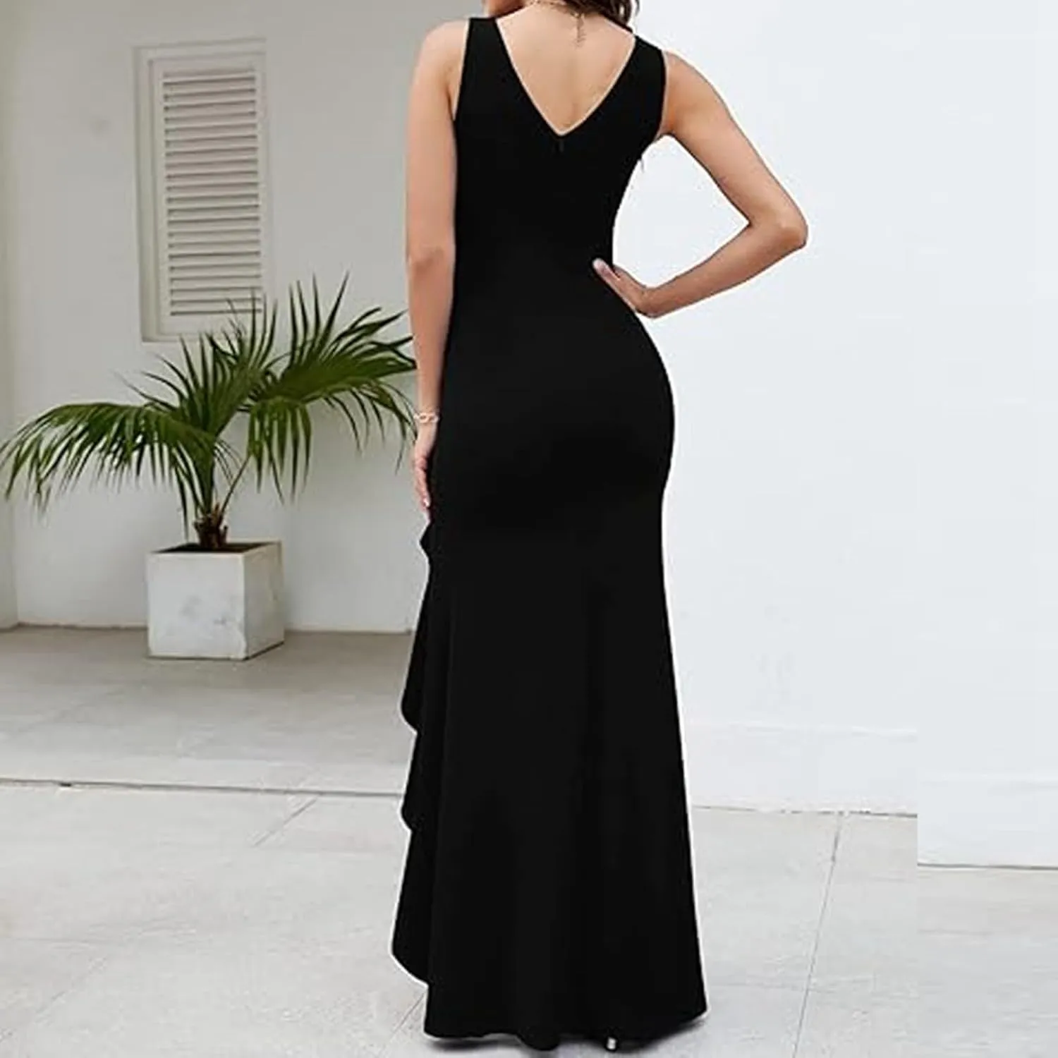 Womens Sexy Ruffle V Neck Ruched Formal Wedding Guest Prom Maxi Dress 2025 Irregular Cocktail High Split Evening Gown
