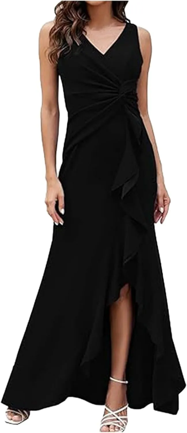 Womens Sexy Ruffle V Neck Ruched Formal Wedding Guest Prom Maxi Dress 2025 Irregular Cocktail High Split Evening Gown