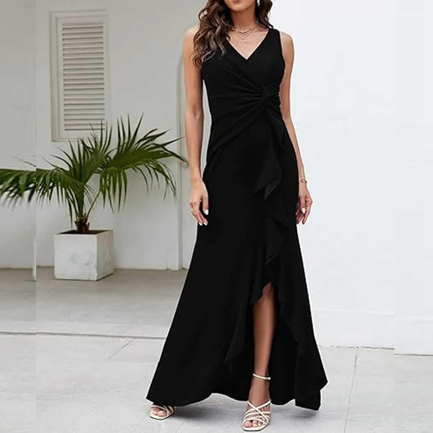 Womens Sexy Ruffle V Neck Ruched Formal Wedding Guest Prom Maxi Dress 2025 Irregular Cocktail High Split Evening Gown