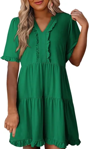 Womens Short Sleeve Dress Summer Casual V Neck Ruffle A Line Shift Dress Spring Flowy Swing Tiered Mini Dresses