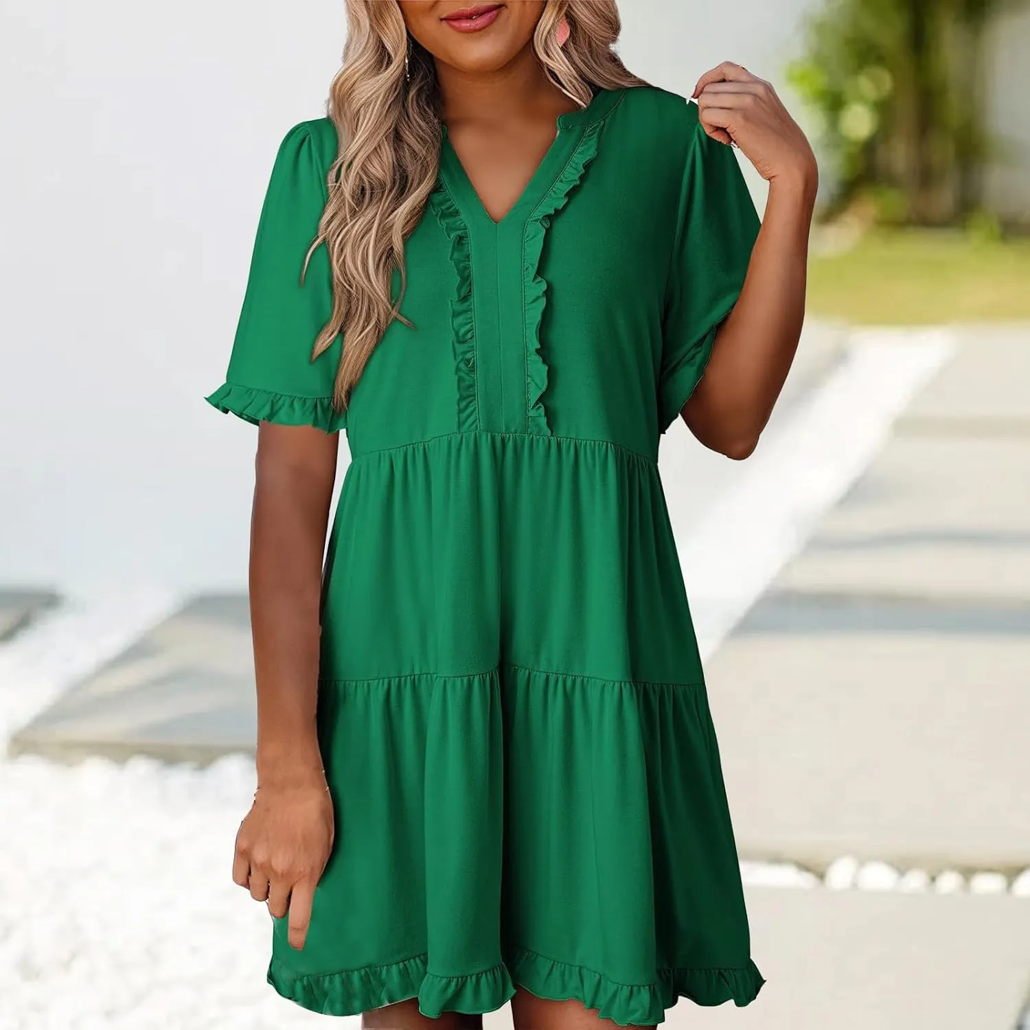 Womens Short Sleeve Dress Summer Casual V Neck Ruffle A Line Shift Dress Spring Flowy Swing Tiered Mini Dresses