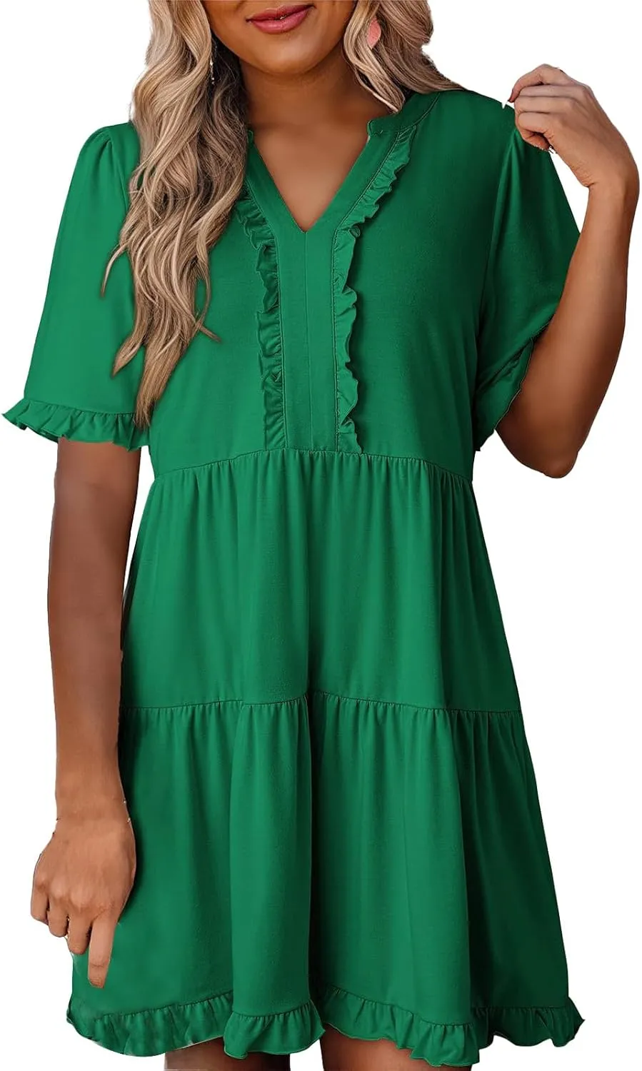 Womens Short Sleeve Dress Summer Casual V Neck Ruffle A Line Shift Dress Spring Flowy Swing Tiered Mini Dresses