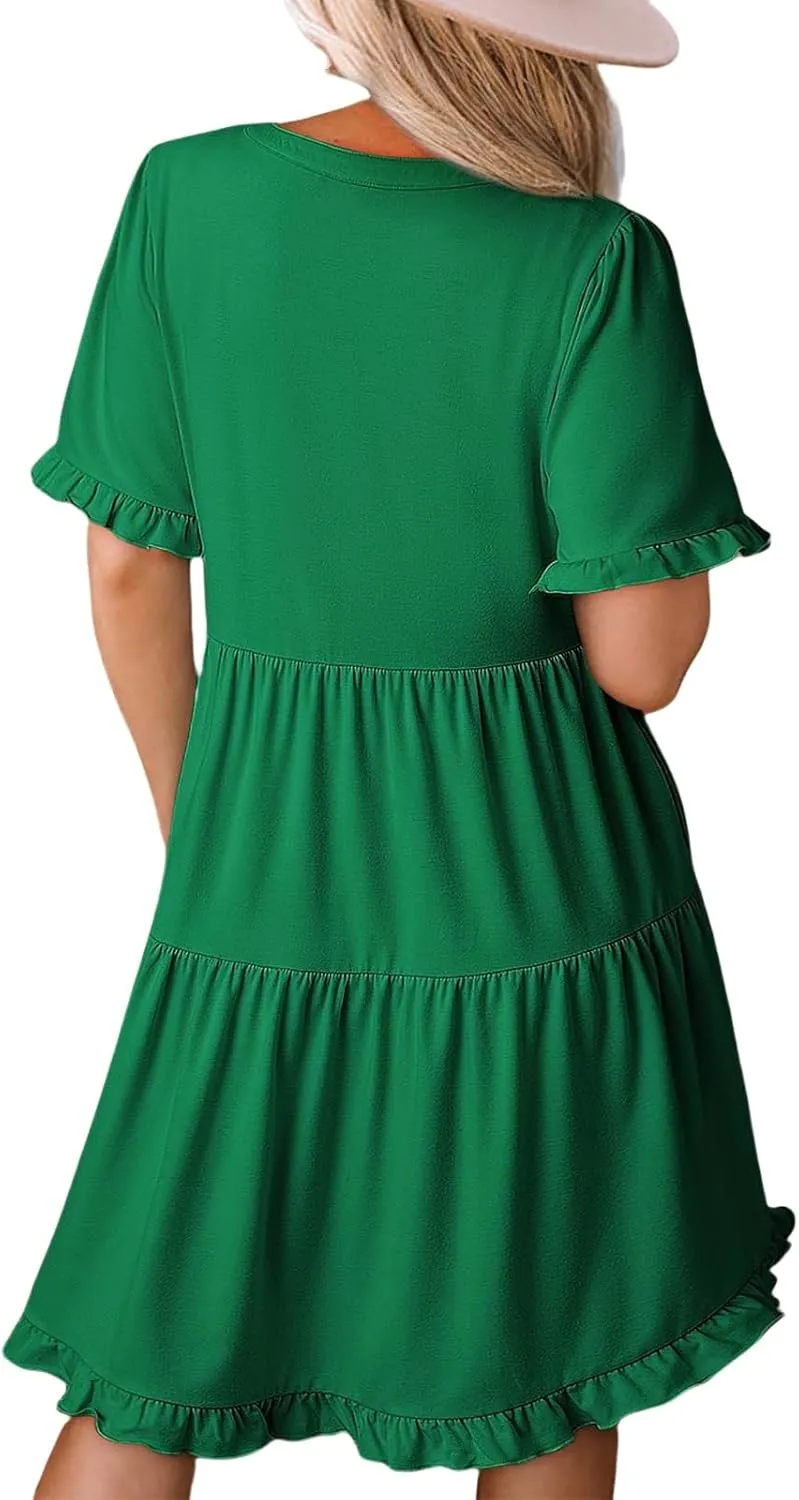 Womens Short Sleeve Dress Summer Casual V Neck Ruffle A Line Shift Dress Spring Flowy Swing Tiered Mini Dresses