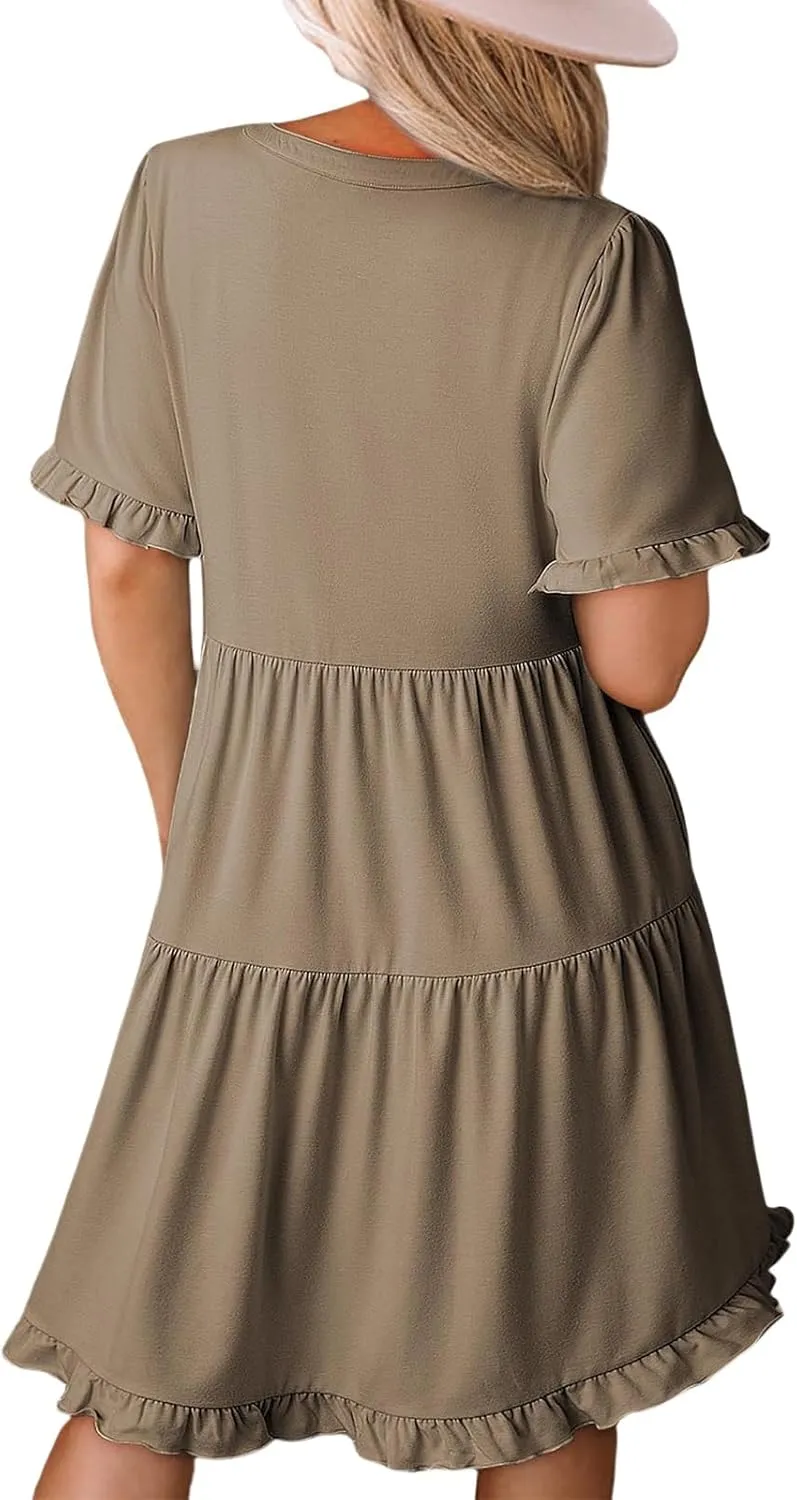 Womens Short Sleeve Dress Summer Casual V Neck Ruffle A Line Shift Dress Spring Flowy Swing Tiered Mini Dresses