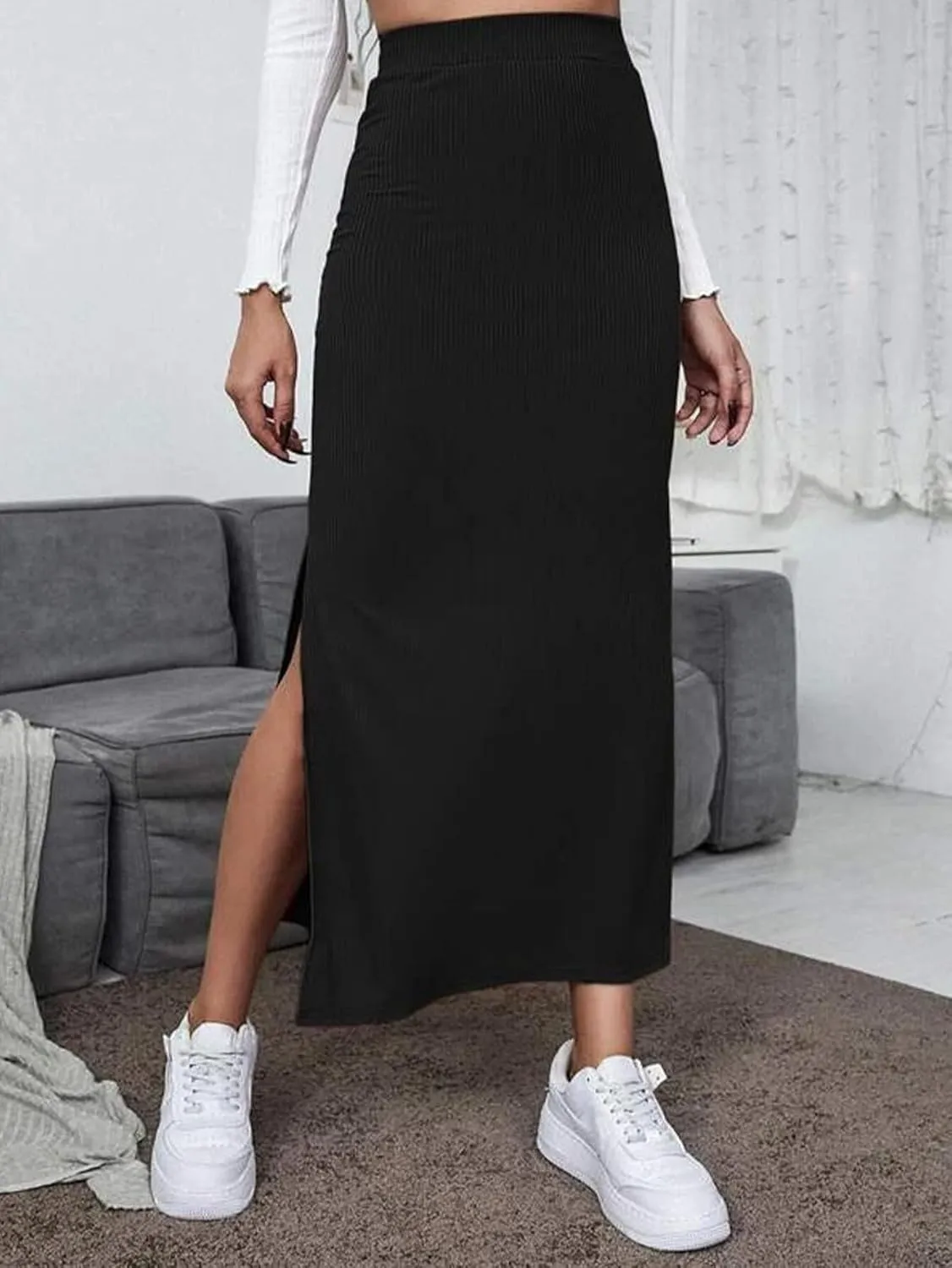 Womens Skirt Polyester Maxi Skirt Spring 2024 Solid High Elasticity Korean Casual Style
