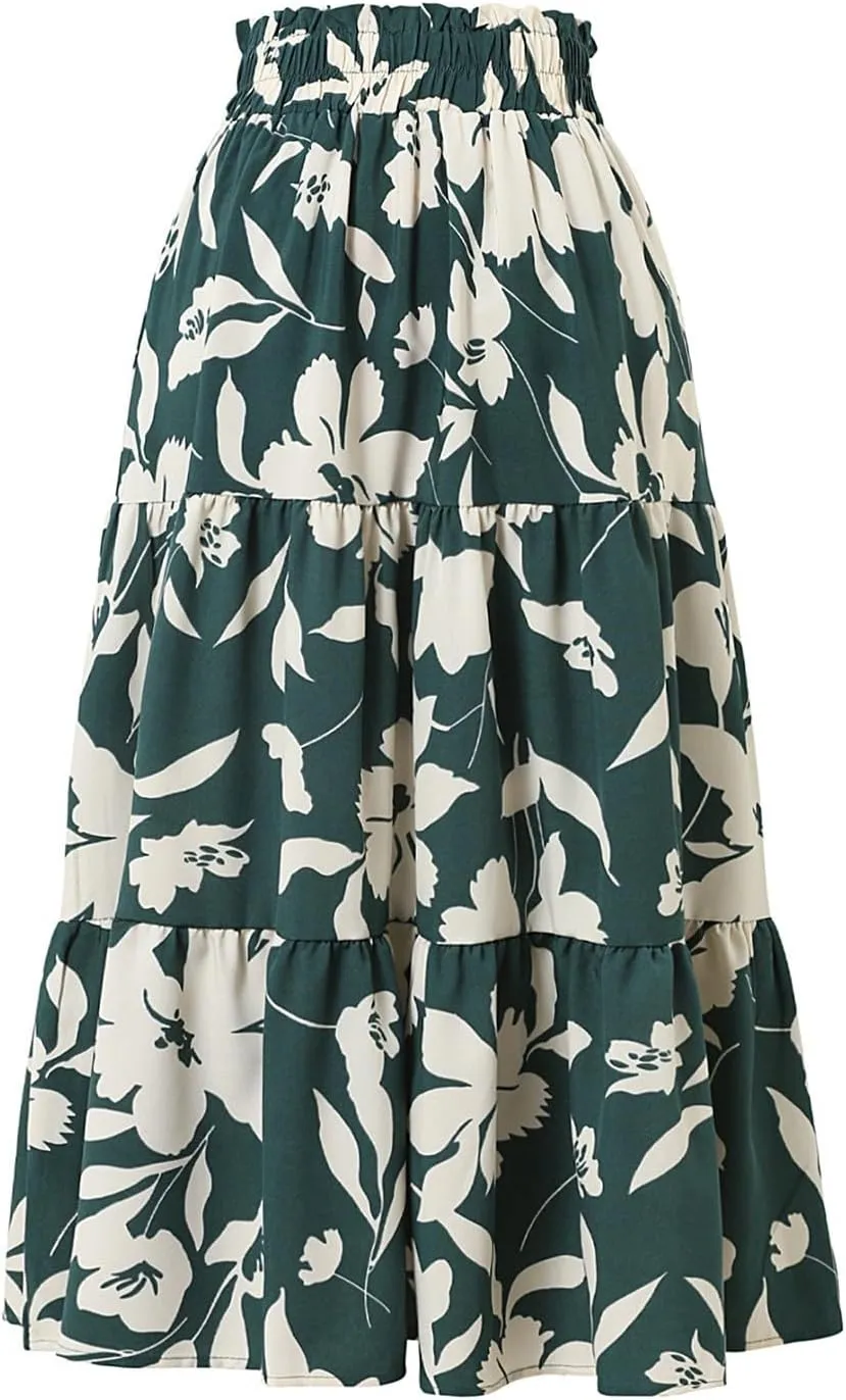 Womens Skirt Summer Drawstring High Waist Midi Skirt Work A-Line Floral Print Layered Tiered Ruffle Skirts Knee Length