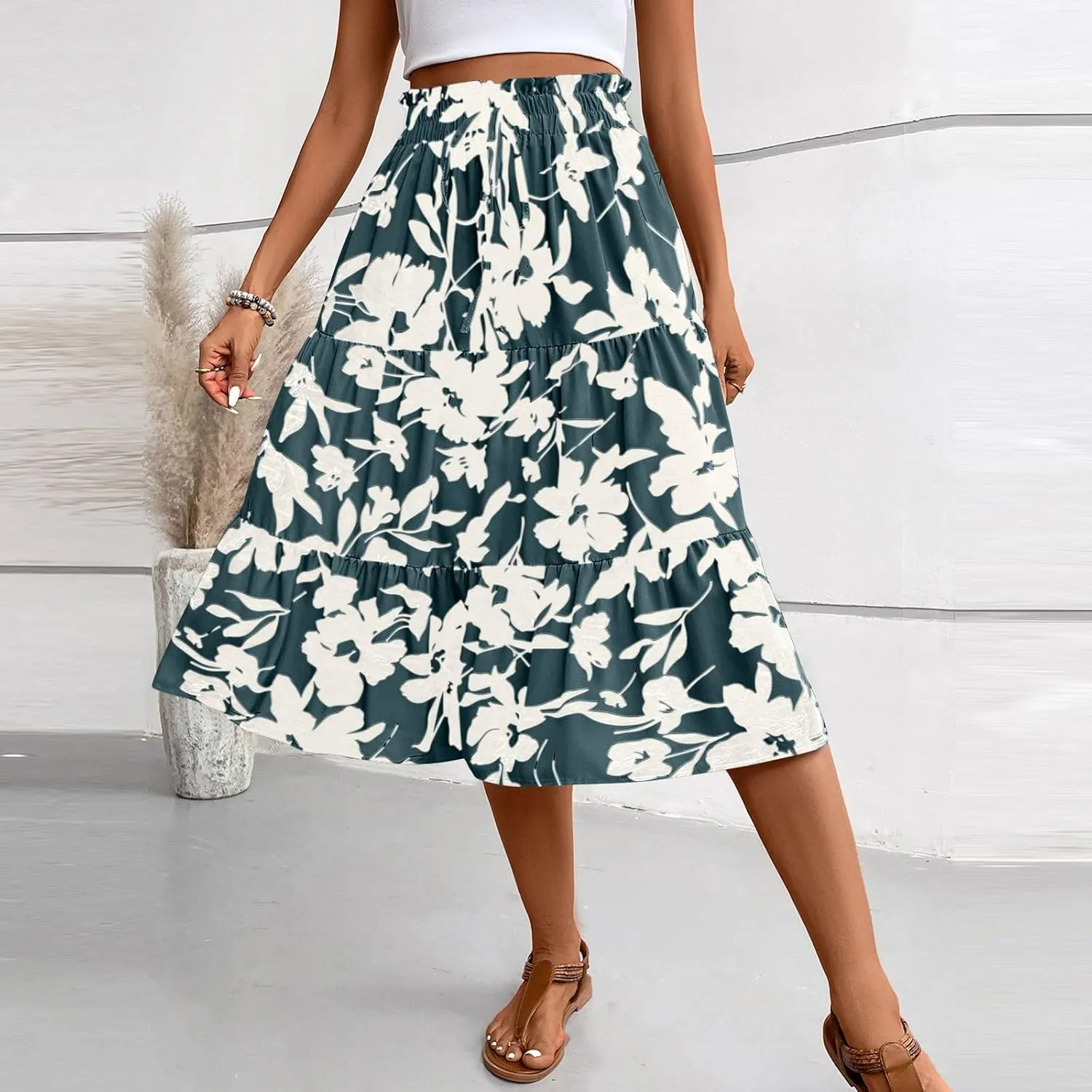 Womens Skirt Summer Drawstring High Waist Midi Skirt Work A-Line Floral Print Layered Tiered Ruffle Skirts Knee Length