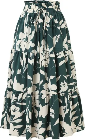 Womens Skirt Summer Drawstring High Waist Midi Skirt Work A-Line Floral Print Layered Tiered Ruffle Skirts Knee Length