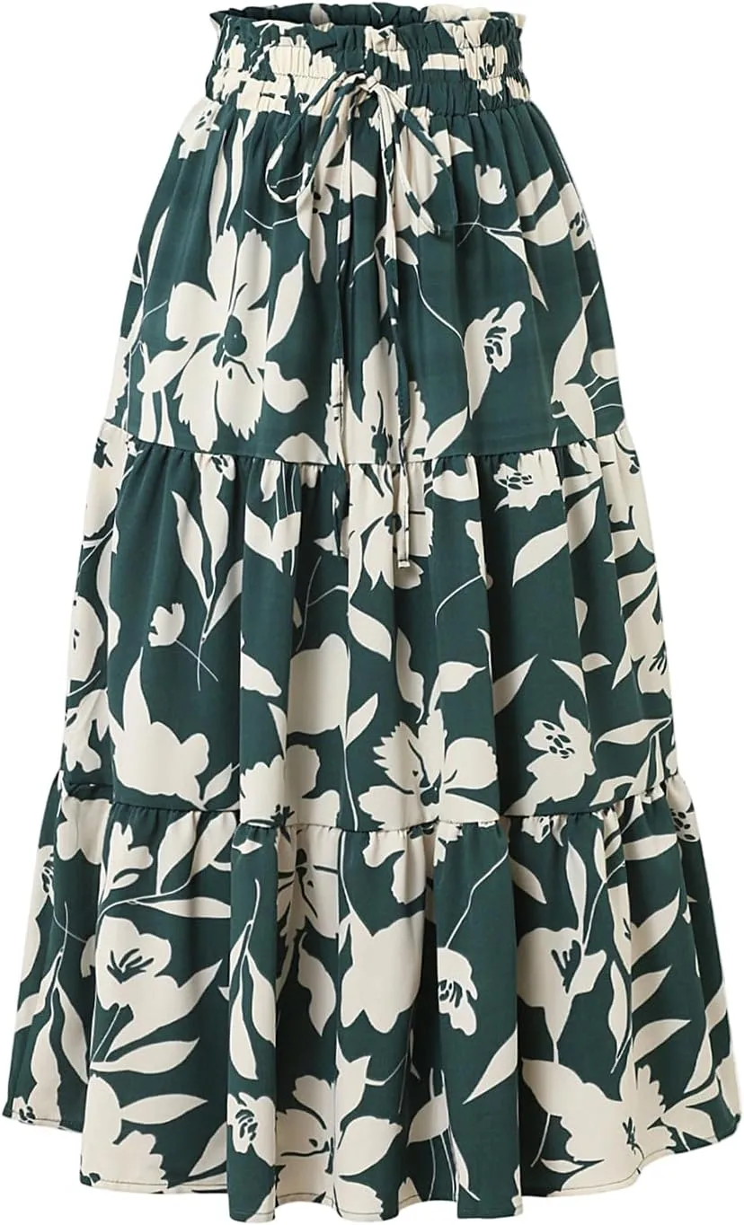 Womens Skirt Summer Drawstring High Waist Midi Skirt Work A-Line Floral Print Layered Tiered Ruffle Skirts Knee Length