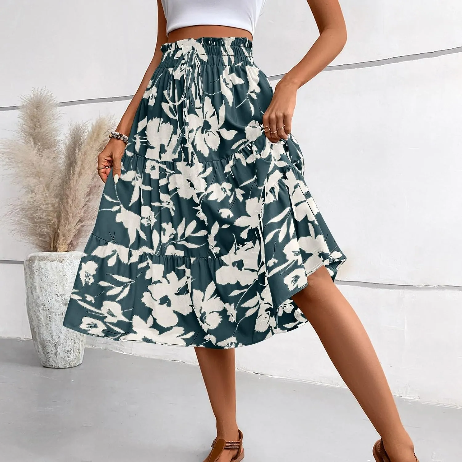 Womens Skirt Summer Drawstring High Waist Midi Skirt Work A-Line Floral Print Layered Tiered Ruffle Skirts Knee Length