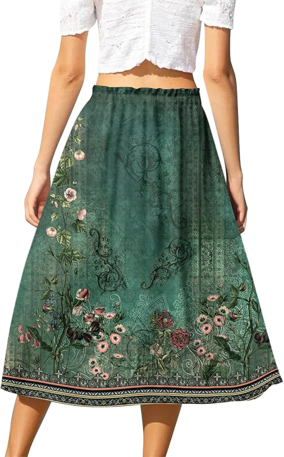 Womens Skirts Midi Length Flowy Summer Drawstring Elastic High Waist Knee Skirt A Line Floral Pleated Skirts