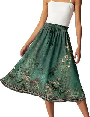 Womens Skirts Midi Length Flowy Summer Drawstring Elastic High Waist Knee Skirt A Line Floral Pleated Skirts