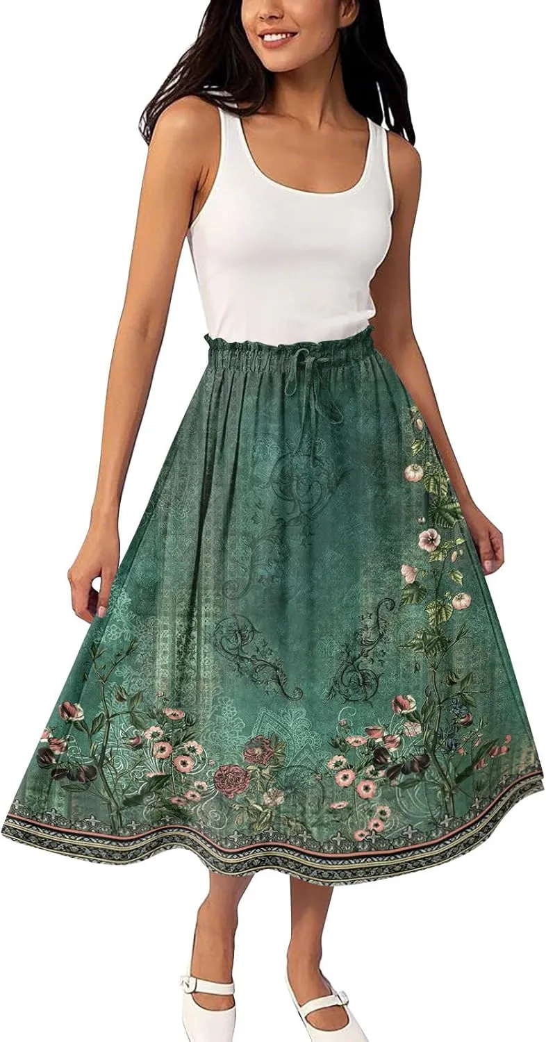 Womens Skirts Midi Length Flowy Summer Drawstring Elastic High Waist Knee Skirt A Line Floral Pleated Skirts