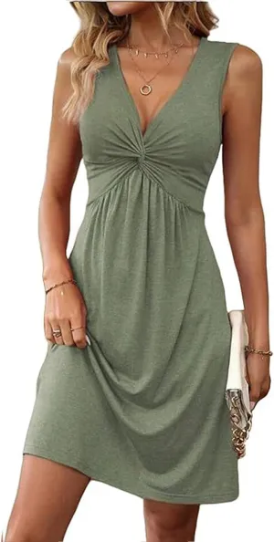 Women's Sleeveless Dress V Neck Twist Knot Tank Dresses Summer Sexy Elegant A Line Sundress Beach Party Dress