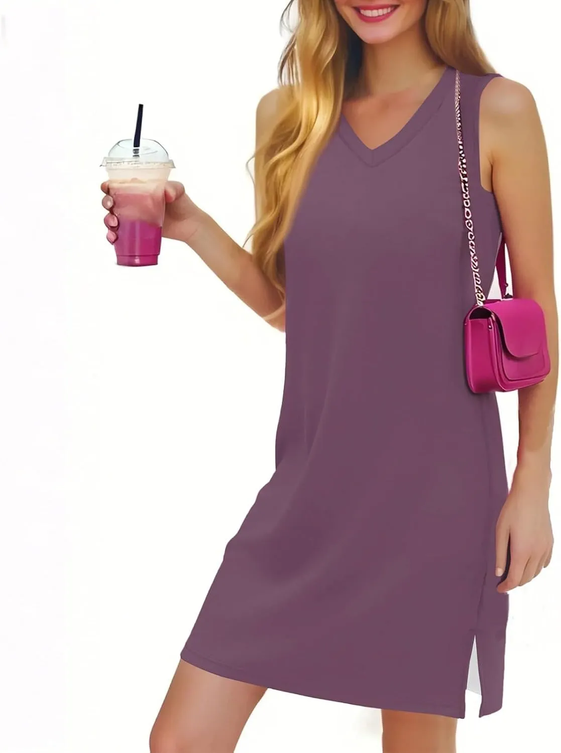 Women's Sleeveless Dresses Fashion V Neck Casual 2025 Dress with Side Slits Elegant Summer Dress Burgundy Sizes S-XL