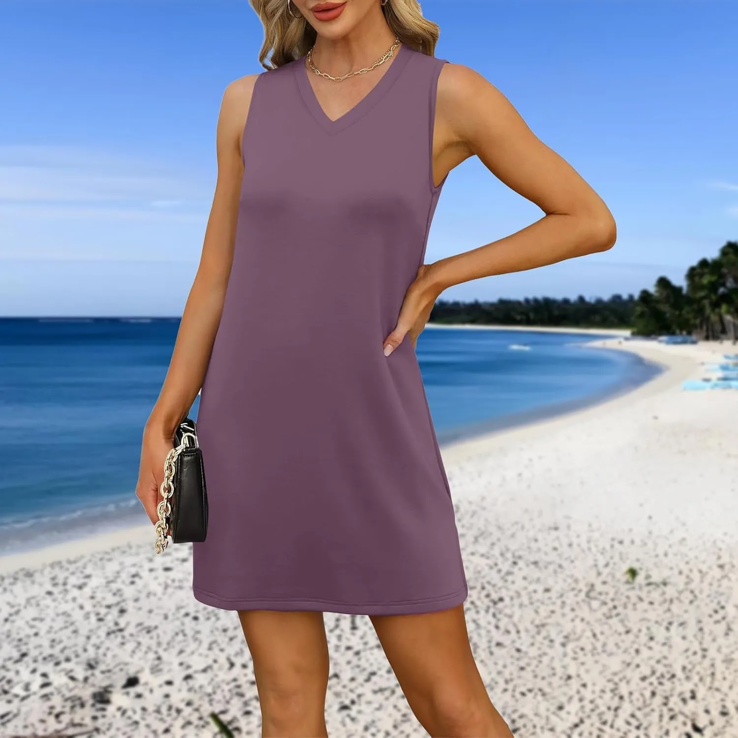 Women's Sleeveless Dresses Fashion V Neck Casual 2025 Dress with Side Slits Elegant Summer Dress Burgundy Sizes S-XL