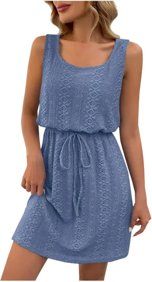 Women's Sleeveless Lace Dress Elegant Summer Casual A-Line Mini Dresses Drawstring Waist Sundress