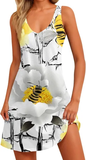 Women's Sleeveless Summer Dress V-Neck Casual Loose Fit with Abstract Purple Print, Lightweight and Breathable