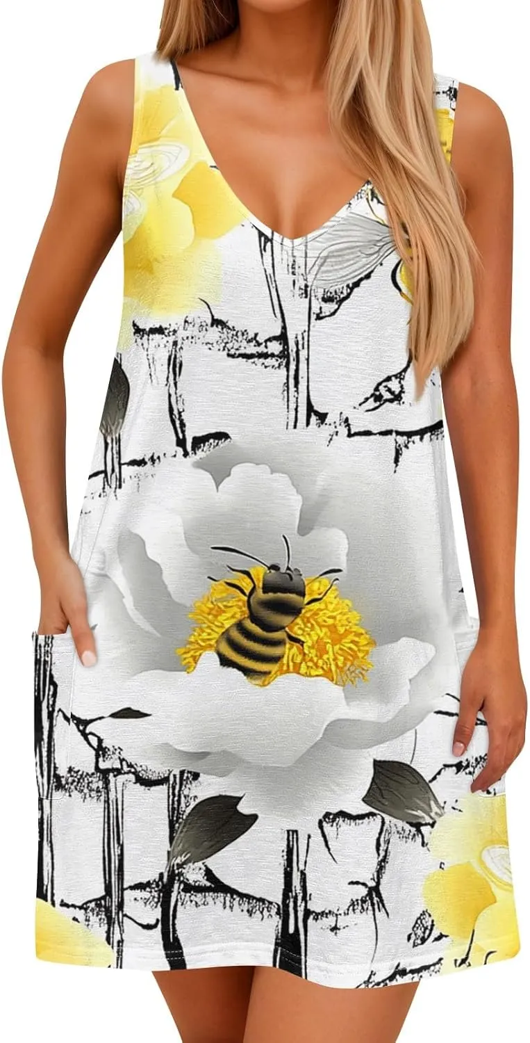 Women's Sleeveless Summer Dress V-Neck Casual Loose Fit with Abstract Purple Print, Lightweight and Breathable