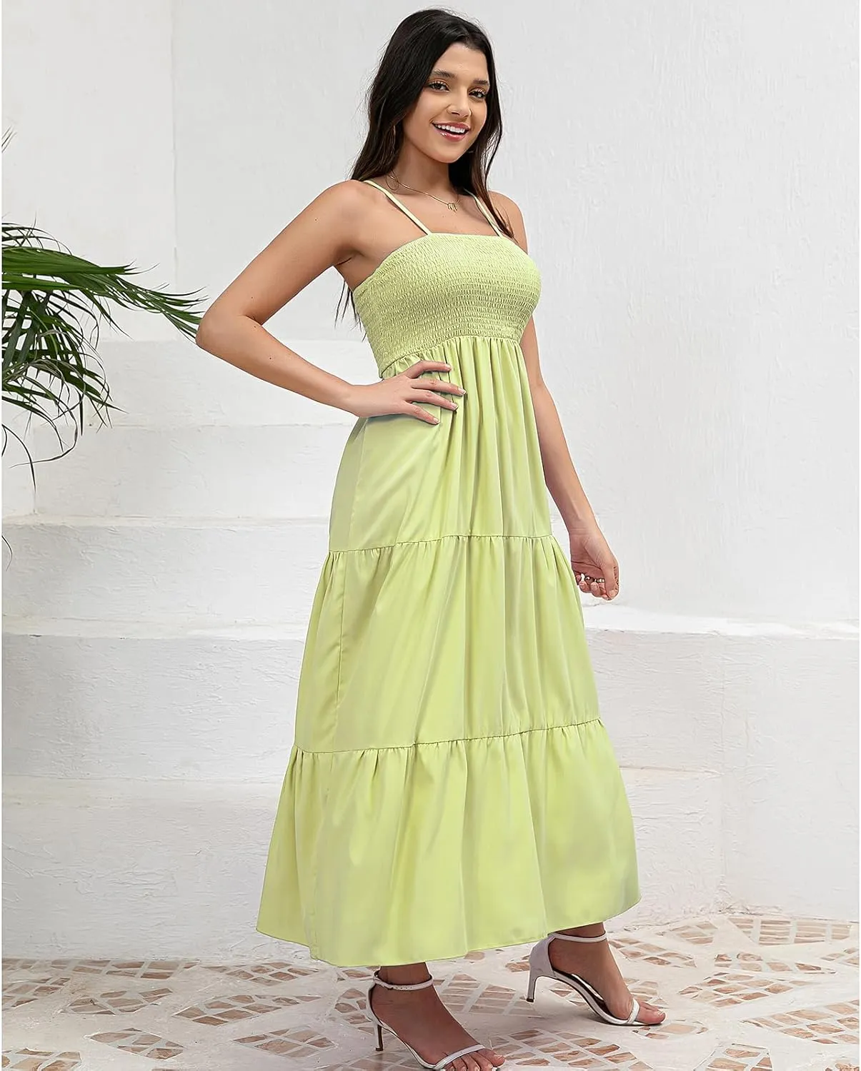 Women's Solid Maxi Dress Summer Boho Sleeveless Spaghetti Strap Long A line Beach Sun Dresses