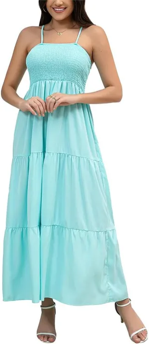 Women's Solid Maxi Dress Summer Boho Sleeveless Spaghetti Strap Long A line Beach Sun Dresses