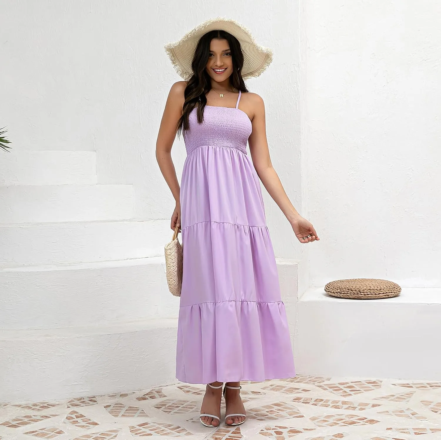 Women's Solid Maxi Dress Summer Boho Sleeveless Spaghetti Strap Long A line Beach Sun Dresses