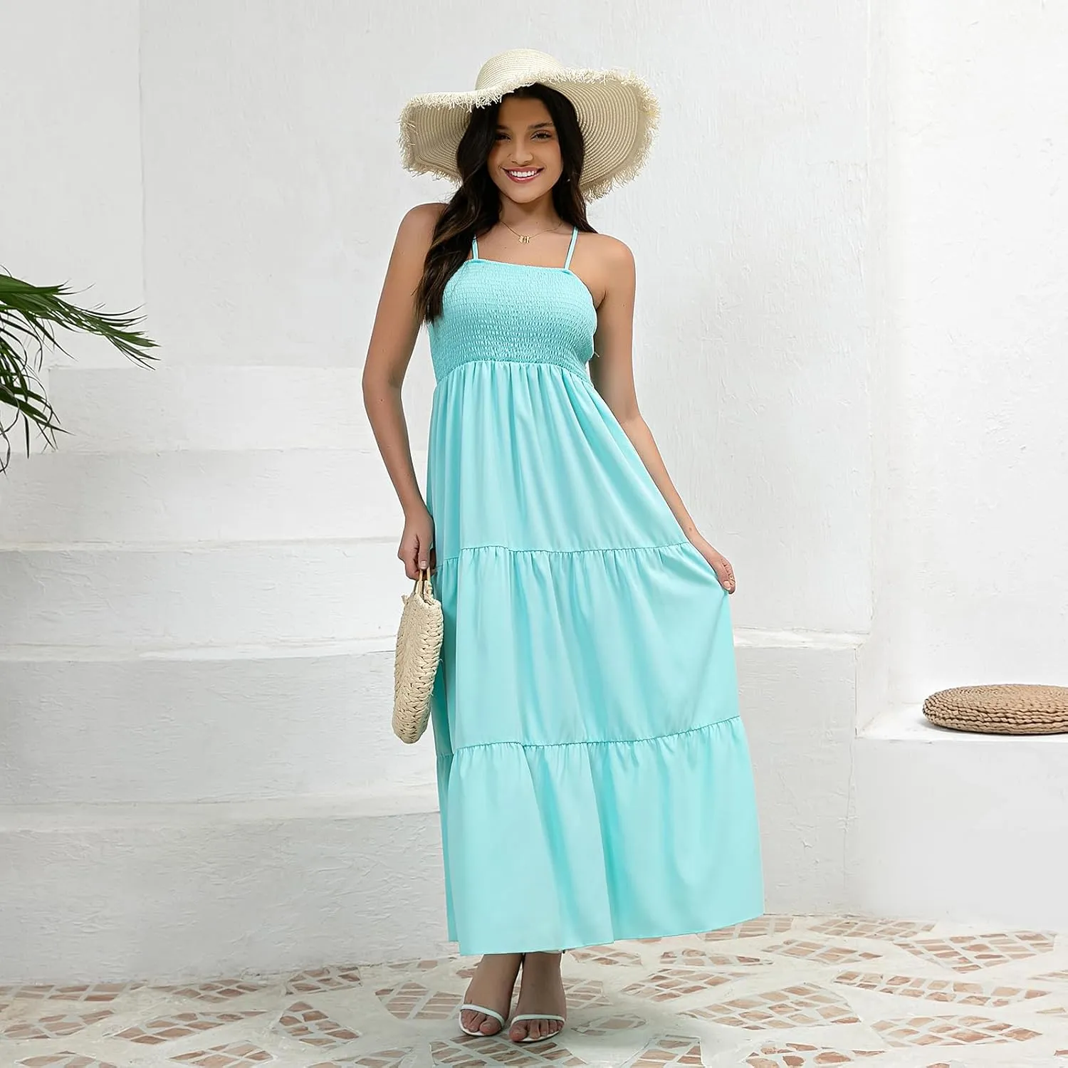 Women's Solid Maxi Dress Summer Boho Sleeveless Spaghetti Strap Long A line Beach Sun Dresses