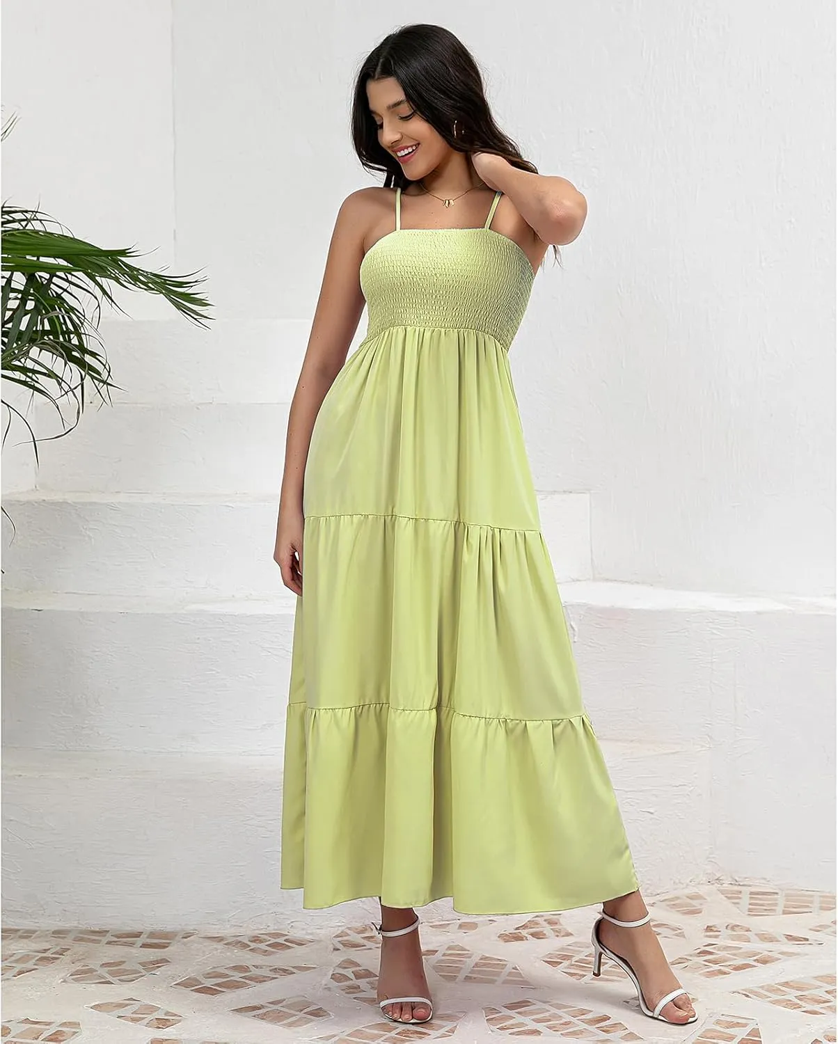 Women's Solid Maxi Dress Summer Boho Sleeveless Spaghetti Strap Long A line Beach Sun Dresses