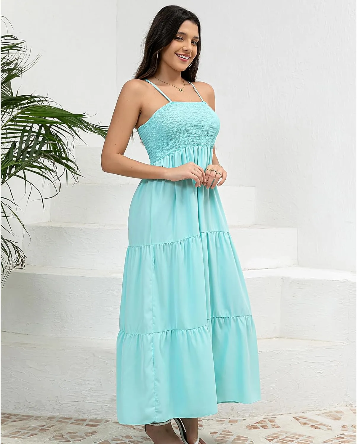 Women's Solid Maxi Dress Summer Boho Sleeveless Spaghetti Strap Long A line Beach Sun Dresses