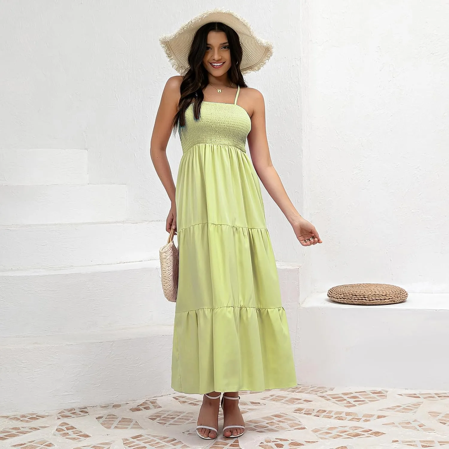 Women's Solid Maxi Dress Summer Boho Sleeveless Spaghetti Strap Long A line Beach Sun Dresses
