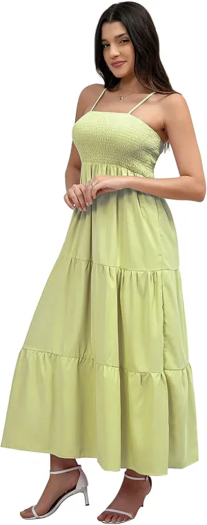 Women's Solid Maxi Dress Summer Boho Sleeveless Spaghetti Strap Long A line Beach Sun Dresses