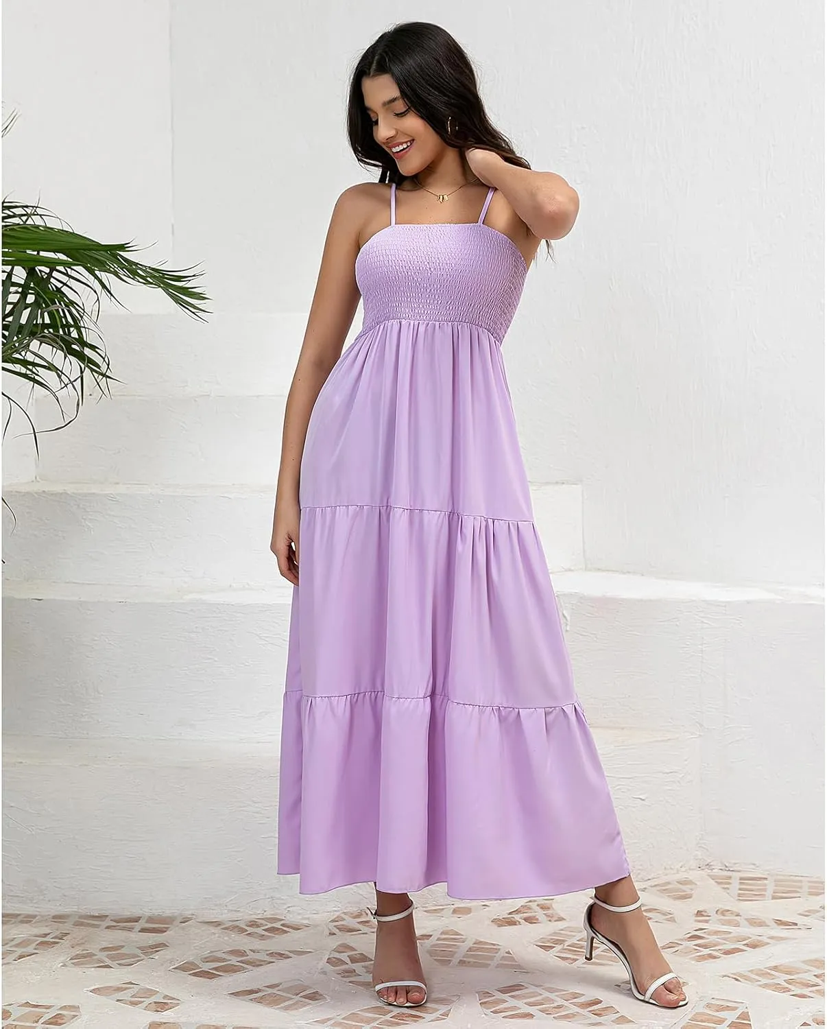 Women's Solid Maxi Dress Summer Boho Sleeveless Spaghetti Strap Long A line Beach Sun Dresses