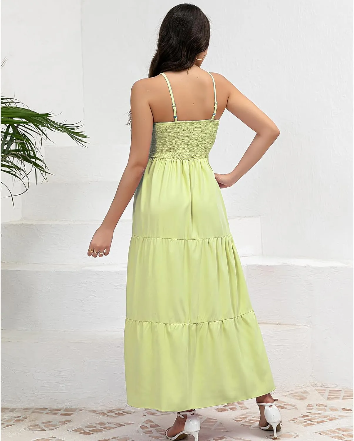 Women's Solid Maxi Dress Summer Boho Sleeveless Spaghetti Strap Long A line Beach Sun Dresses