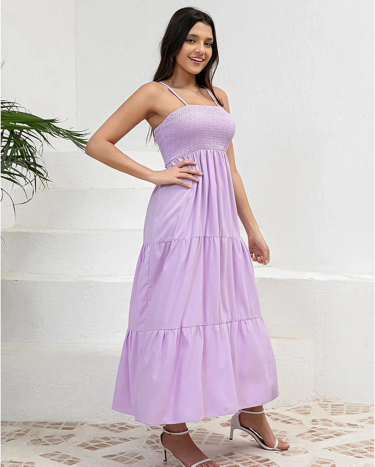 Women's Solid Maxi Dress Summer Boho Sleeveless Spaghetti Strap Long A line Beach Sun Dresses