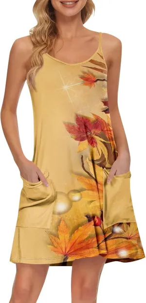 Women's Spaghetti Strap Dress Summer Floral Print Sleeveless Sundress Casual Vacation Beach Dresses with Pockets