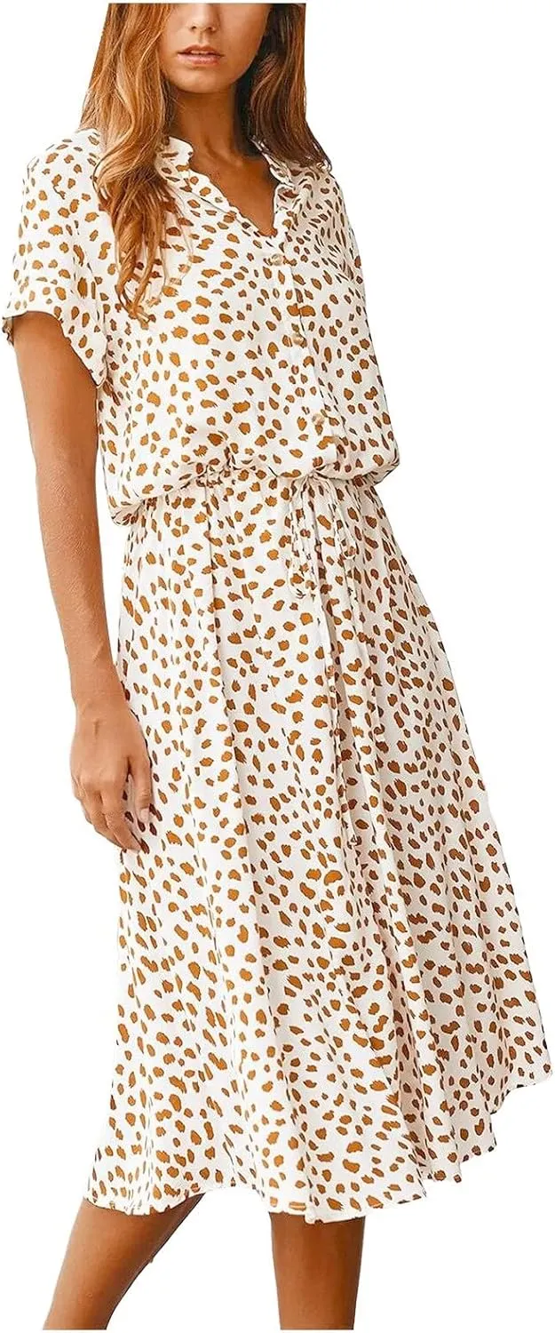 Women's Spring Dresses Summer Casual Loose Floral Print Dress 2024 V-Neck Short Sleeve Boho Maxi Dresses, S-3XL