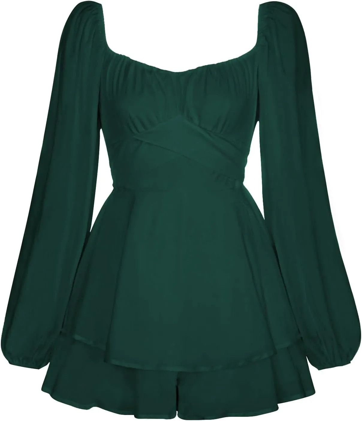 Womens Square Neck Dress Long Lantern Sleeve Tie Backless Ruffle Elastic Waist Above Knee Length Midi Dresses