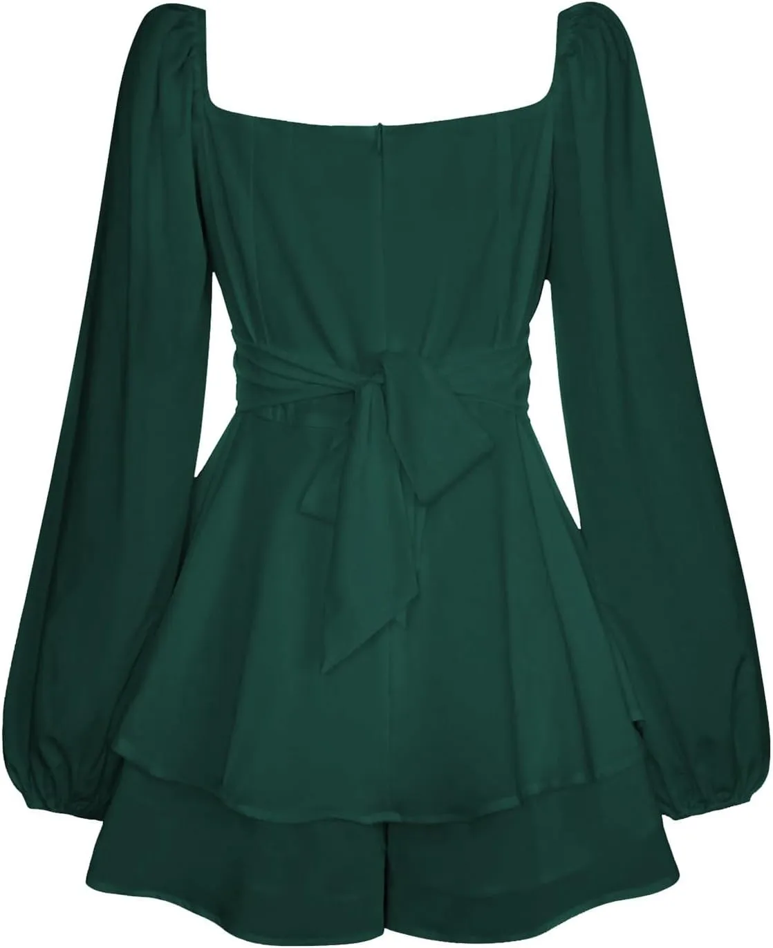 Womens Square Neck Dress Long Lantern Sleeve Tie Backless Ruffle Elastic Waist Above Knee Length Midi Dresses