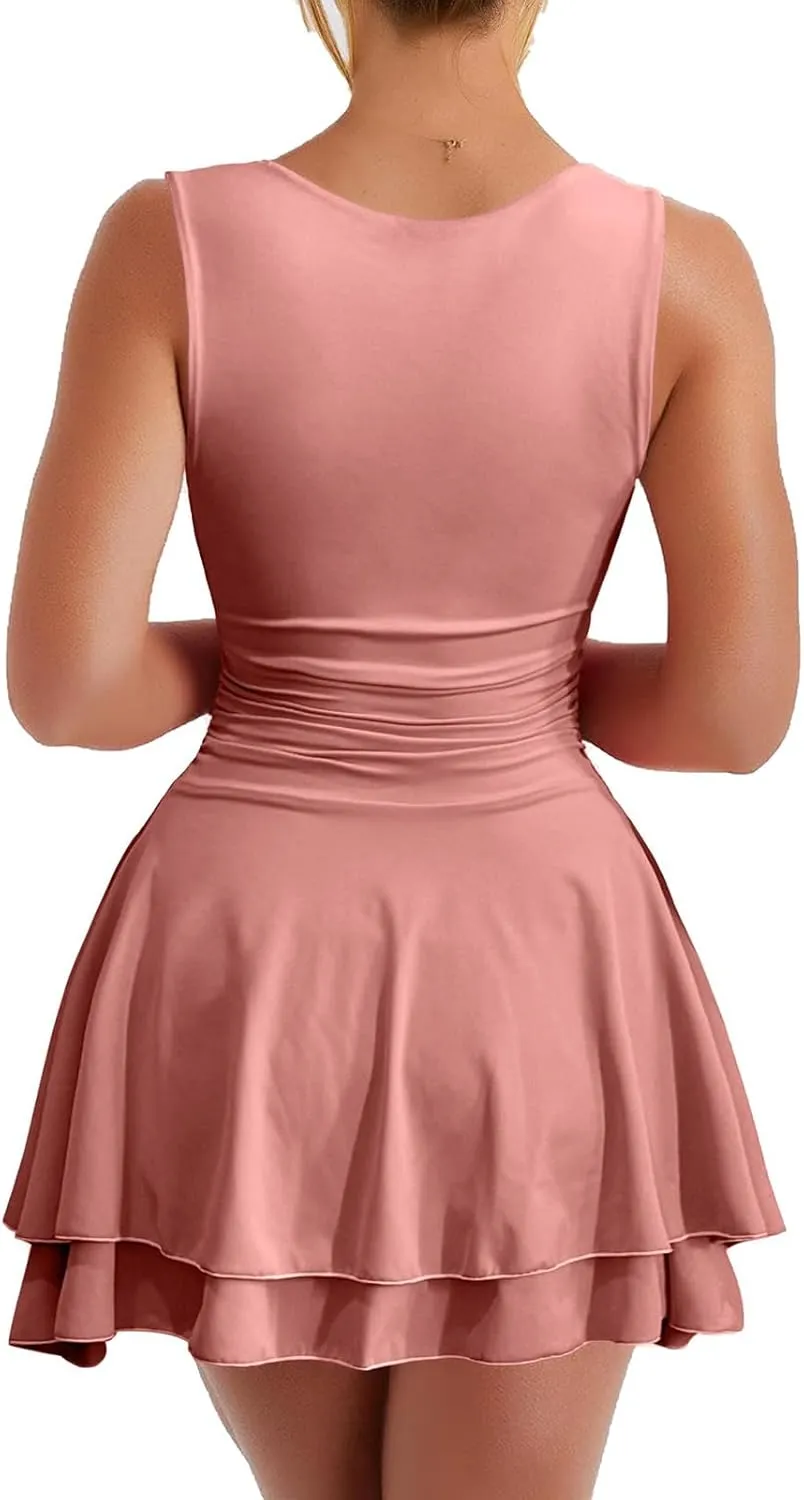 Women's Square Neck Mini Dresses Flowy Ruffle Hem Ruched Waist Dress Summer Corset Short Party Dress