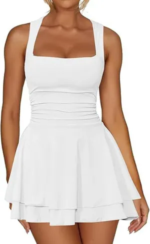 Women's Square Neck Ruffle Hem Mini Dress Ruched Waist Short Party Dresses Sleeveless Tiered A Line Short Dresses