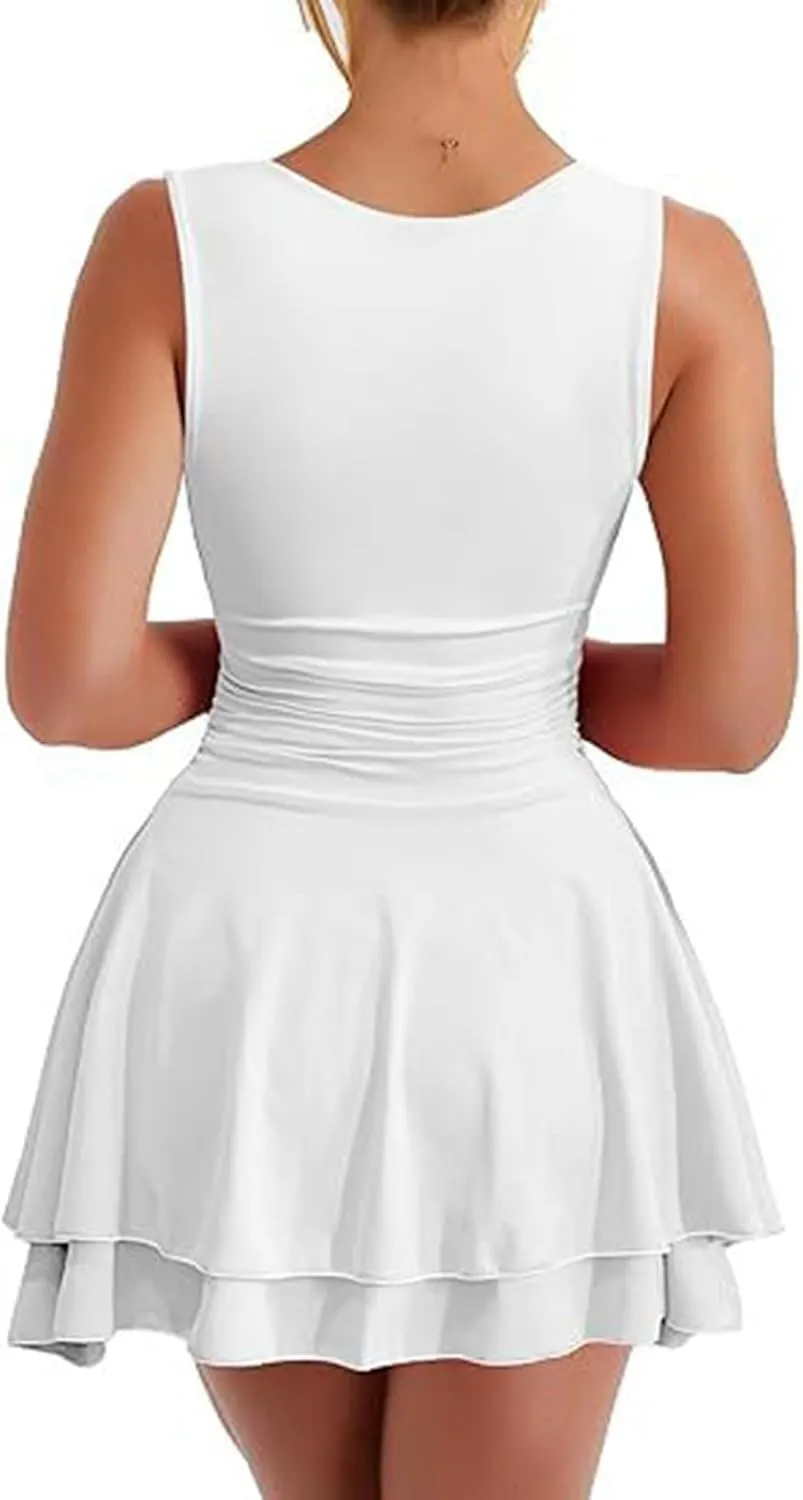 Women's Square Neck Ruffle Hem Mini Dress Ruched Waist Short Party Dresses Sleeveless Tiered A Line Short Dresses