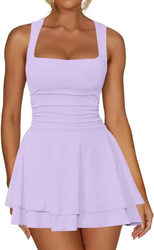 Women's Square Neck Ruffle Hem Mini Dress Sleeveless Ruched Waist Short Dresses Corset Pleated Swing Babydoll Dresses