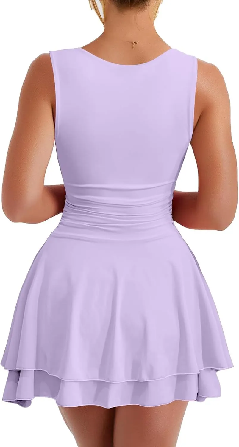 Women's Square Neck Ruffle Hem Mini Dress Sleeveless Ruched Waist Short Dresses Corset Pleated Swing Babydoll Dresses